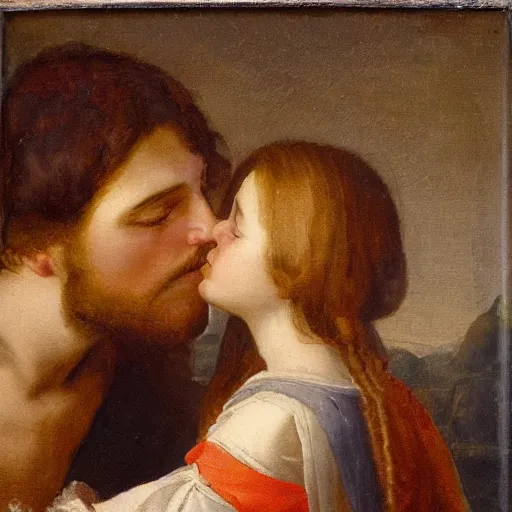 Image similar to an oil panting of a jesus kissing maria maddalena