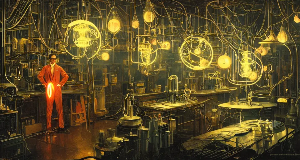 Prompt: nikolai tesla in his lab, electrical arcs, magical sparks, large glowing light bulbs, neon glow, highly detailed, digital art, intricate, dramatic lighting, retro futuristic, neon colors, cinematic, art by norman rockwell, greg rutkowski, james gurney, giger