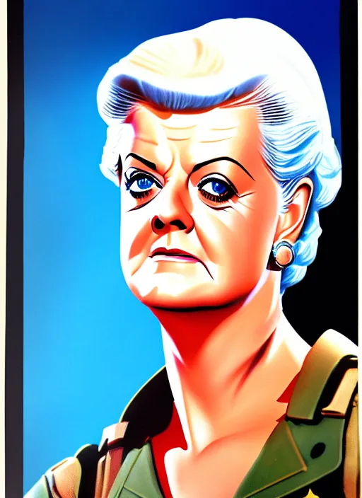 Prompt: g. i. joe portrait painting of angela lansbury, hasbro box art, 1 9 8 8, hq scan