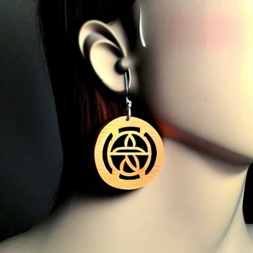 Image similar to 2 d wood lasercut earrings, mystical symbols, 8 k, hd, trending on amazon on artstation, trending on deviantart, trending on etsy, epic digital art
