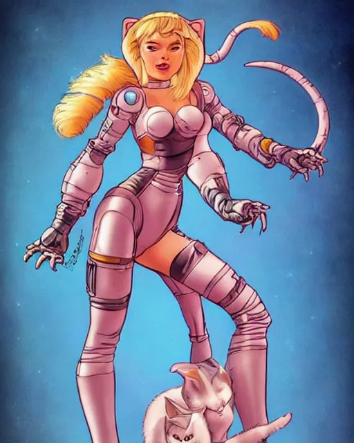 Prompt: barbarella as a robotic 8 0 s cat - girl, female, in the style of don bluth, j. scott campbell, hajime sorayama full color digital painting, leotard and leg warmers, many small details, artstation trending, artgerm, deviantart featured