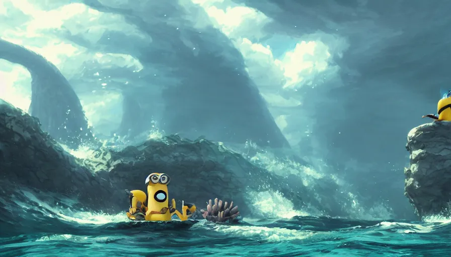 Image similar to A highly detailed matte painting of huge minion!!!!! in the ocean by Studio Ghibli, Makoto Shinkai, by Artgerm, by WLOP, by Greg Rutkowski, volumetric lighting, octane render, 4K resolution, trending on artstation, masterpiece