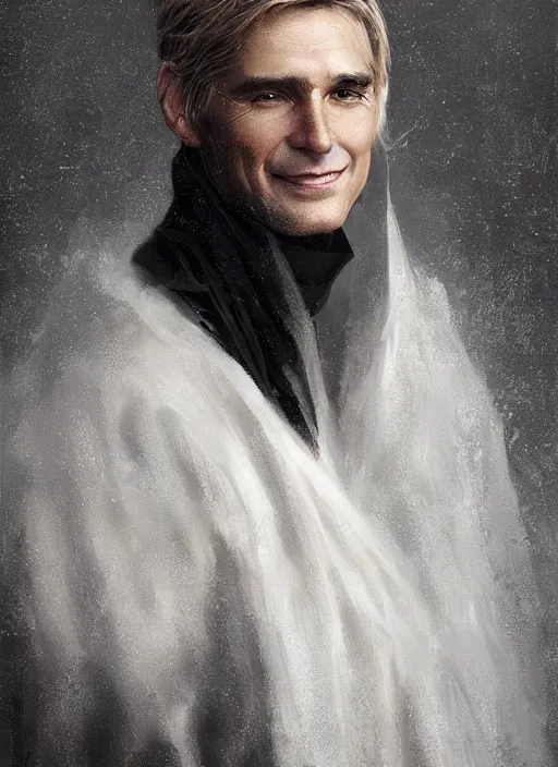 Prompt: a clean shaven man aged 4 0 with tousled blonde hair and hazel eyes and a friendly smile standing in the mist. he is handsome and wearing a cloak made of grey and black strips. head and shoulders portrait painting by greg rutkowski and raymond swanland.