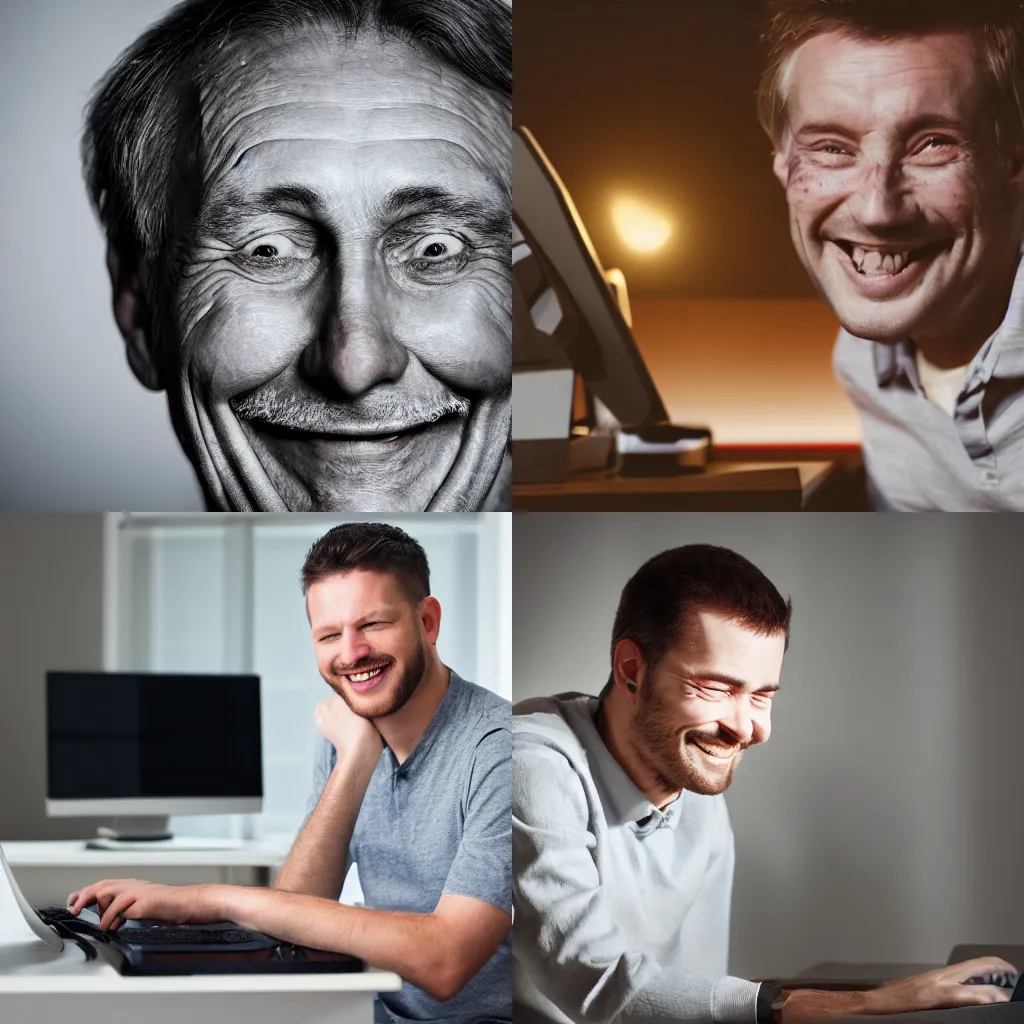 Prompt: a creepy smiling man. the man is sitting in a dark room. he is looking at a computer screen. highly detailed 4K photo