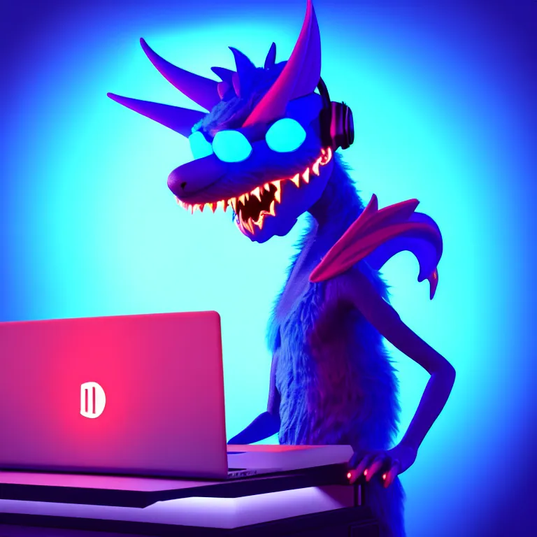 Image similar to an anthropomorphic male blue dragon fursona wearing an indigo t - shirt, headphones on his head, laptop, neon lights, furry, vivid saturation, 3 d render, octane render