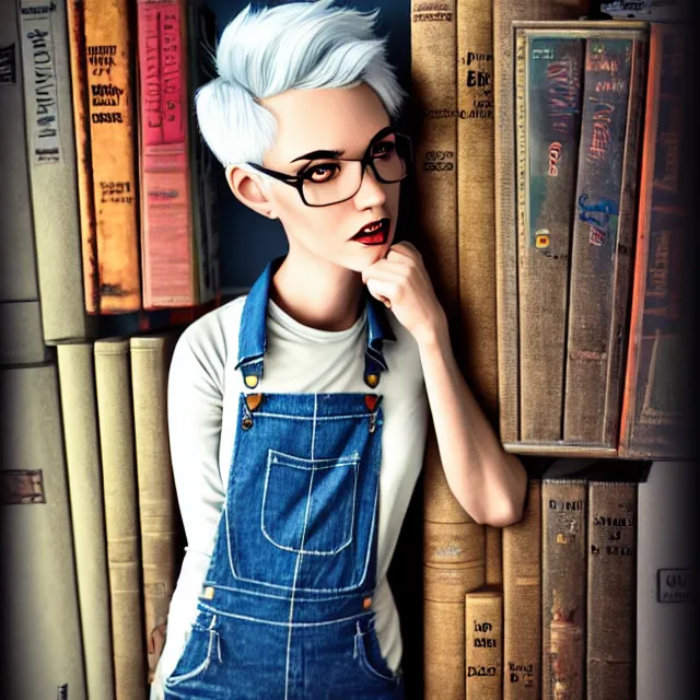 Image similar to full body pose, beautiful adult book fairy, pixar, short white hair shaved sides, dirty, grungy, grunge, long sleeve, painted overalls, stacks of giant books, highly detailed, 4 k, hdr, smooth, sharp focus, high resolution, award - winning photo, artgerm, photorealistic