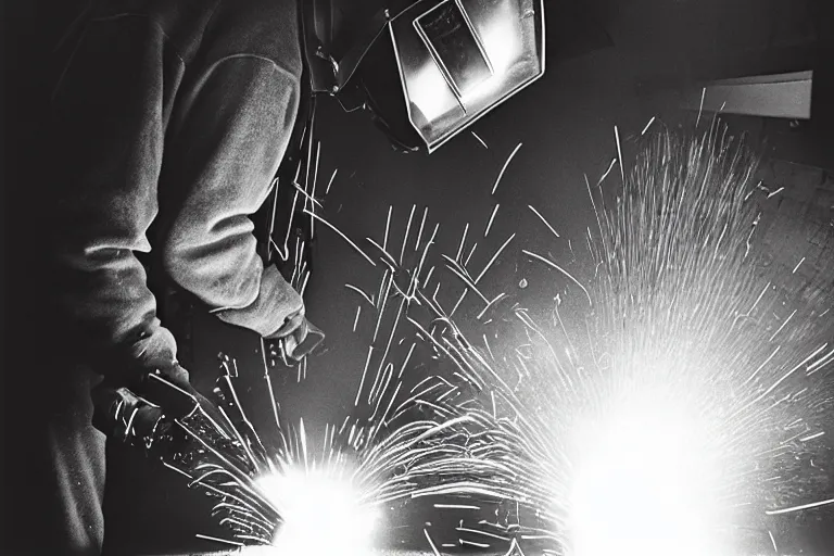 Prompt: welder in welding mask in a hospital, ominous lighting, by richard avedon, tri - x pan stock