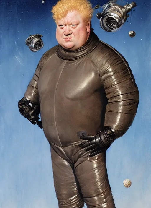 Image similar to upper body portrait of baron harkonnen wearing a leather spacesuit floating in space, dystopian, mean, angry, by tom lovell and dean cornwell and norman rockwell, photoreal, character concept art, artstation