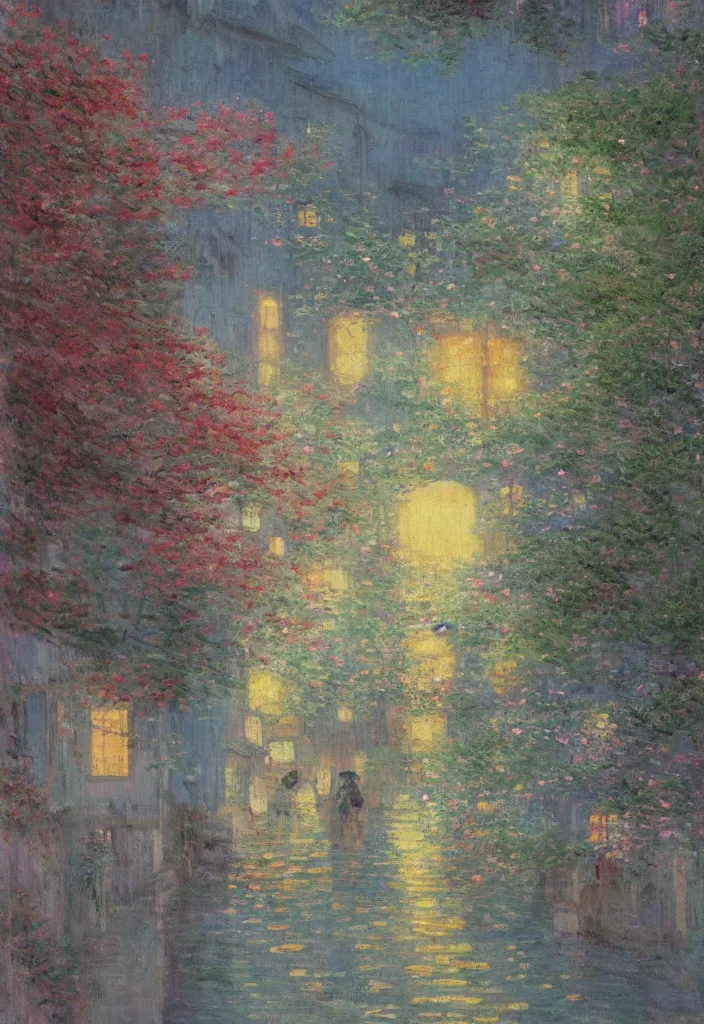 Image similar to a beautiful japanese city in the mountain, amazing ryokans and gorgeous edo era houses, epic cyberpunk, lofi vibe, colorful, vivide colors, amazing light, really beautiful nature, oil painting in impressionist style, by jeremy lipkin, by claude monet, by makoto shinkai, multiple brush strokes, inspired by ghibli, masterpiece, beautiful