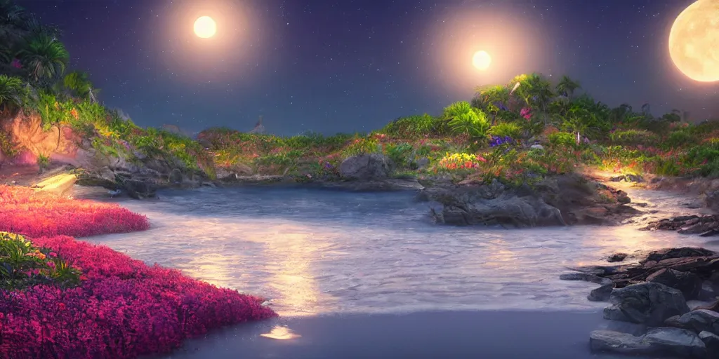 Image similar to a single glittering fairy beach cove at night, a full moon, water and colorful flowers, extremely detailed oil painting, unreal 5 render, fantasy digital art, octane render, beautiful composition, trending on artstation, award-winning photograph, masterpiece