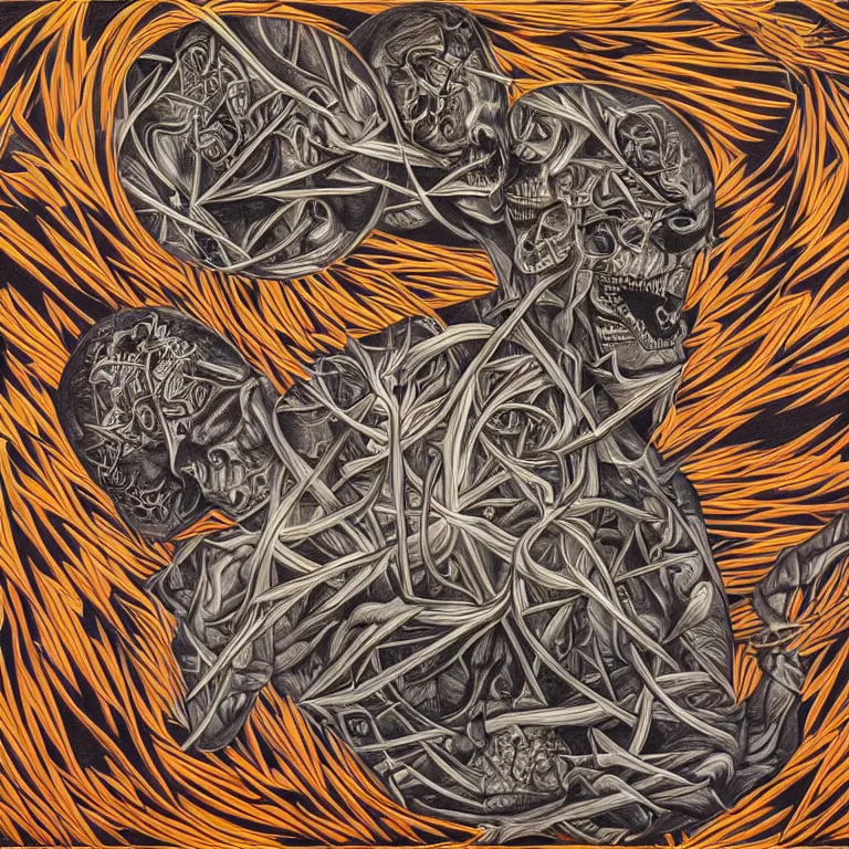 Image similar to meaning of death by Alex Grey and M. C. Escher collaboration