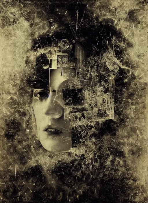 Image similar to old wetplate daguerreotype portrait explosion of data fragments, fractal, intricate, elegant, highly detailed, parallax, leica, medium format, subsurface scattering, by jheronimus bosch and greg rutkowski and louis jacques mande daguerre