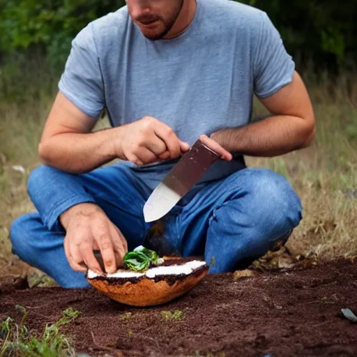 Prompt: a man eating a slice of earth with knife and fork