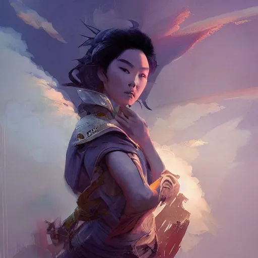 Prompt: god emperess mulan in the style of craig mullins, greg rutkowski, peter mohrbacher, and drew struzan. epic, majestic, awe inspiring, god rays, fissures, divine, church painting, intricate armor, extreme detail, high octane,