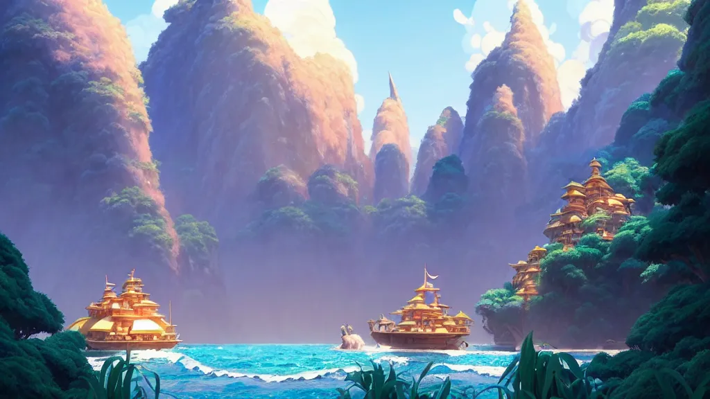 Image similar to el dorado, studio ghibli, pixar and disney animation, sharp, rendered in unreal engine 5, highly detailed, digital painting, artstation, concept art, smooth, sharp focus, illustration, wide angle, artbook, wallpaper, splash art, promo art, dramatic lighting, art by artgerm and greg rutkowski and bo chen and jin xiaodi