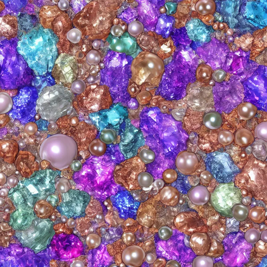 Image similar to lot of beautiful gems in every possible color, type, size, and shape. ornated with shiny thin silver and copper wires. abstract composition made of crystals, pearls and bismuth. hyperrealistic render. smooth silky pastel color palette. transparent colorful surfaces. gigapixel render. polished. discodiffusion render by machine. delusions. 8 k 3 d shaded.