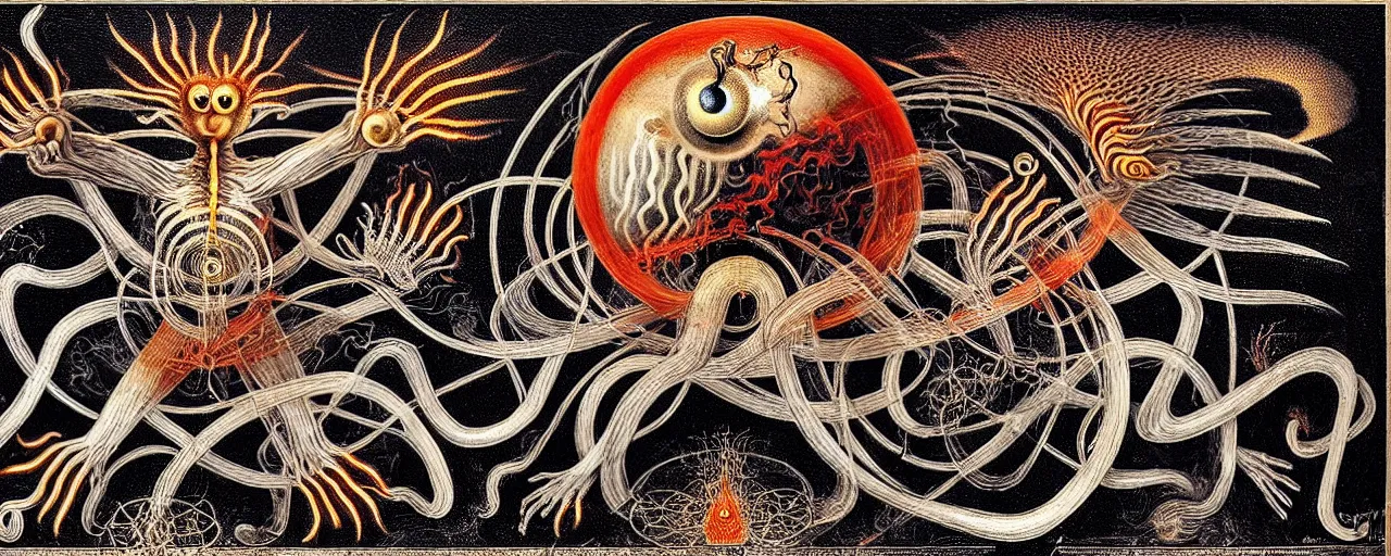 Image similar to a strange fire creature with endearing eyes radiates a unique canto'as above so below'while being ignited by the spirit of haeckel and robert fludd, breakthrough is iminent, glory be to the magic within, in honor of saturn, painted by ronny khalil