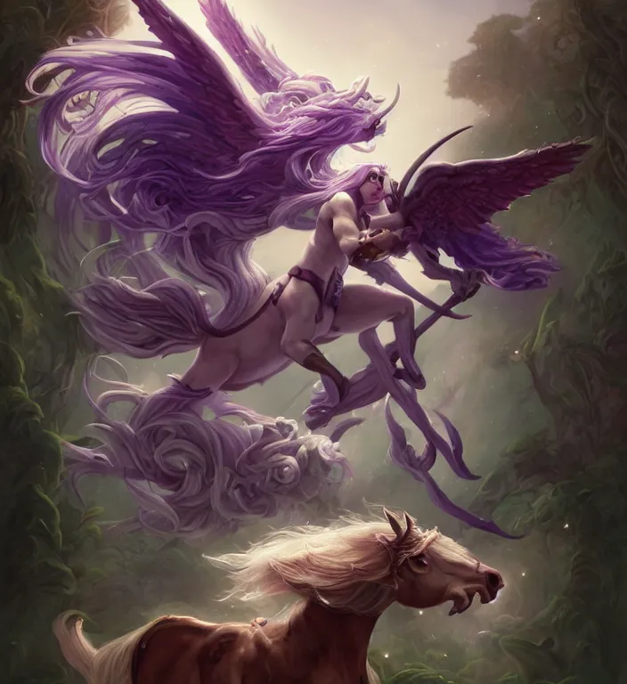 Image similar to a polaroid photo of, a majestic female centaur with white wings and with a horn on the forehead and purple hair and elf ears, backlit, strong rim light, highly detailed, digital painting, by Peter Mohrbacher + Dan Mumford + vivid colors + high contrast, 8k resolution, intricate, photorealistic, smooth