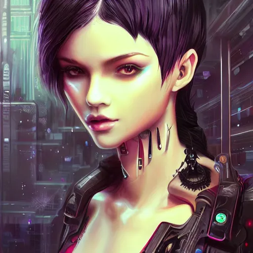 Image similar to teen elf, cyberpunk, black hair, gorgeous, amazing, elegant, intricate, highly detailed, digital painting, artstation, concept art, sharp focus, illustration, art by ross tran