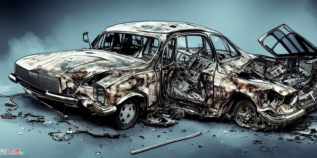 Image similar to a big woman axolotl in burning wrecked mercedes 1 2 4, by kirokaze, ultrafine hyperdetailed illustration by kim jung gi