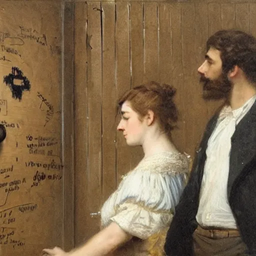 Image similar to a young man and a young woman solving an escape room puzzle, mysterious markings on the wall, by alfred stevens