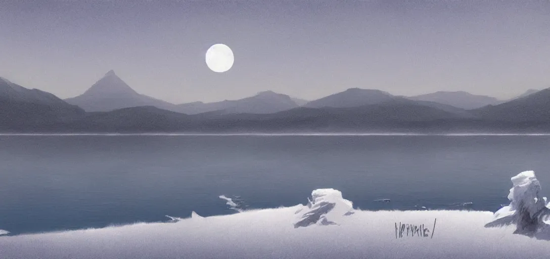 Image similar to lake in a totally white place with a moon in style of greg rutkowski