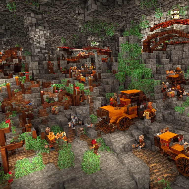 Prompt: a subterranean taco bell with a railroad backed up with bedraggled dwarves coming in for dinner riding in minecarts