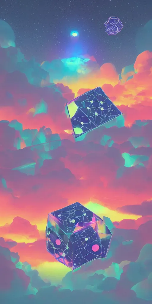 Image similar to vaporwave, beeple, surreal vfx, global illumination, a painting by ralph mcquarrie of floating molecules and icosahedron with stars, clouds, and rainbows in the background, trending on artstation, masterpiece, incredible details