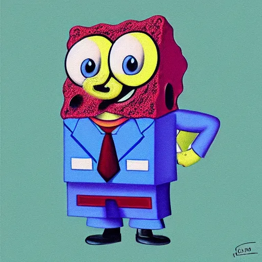 Image similar to beautiful portrait of spongebob squarepants, painted by rene magritte, highly detailed, trending on artstation