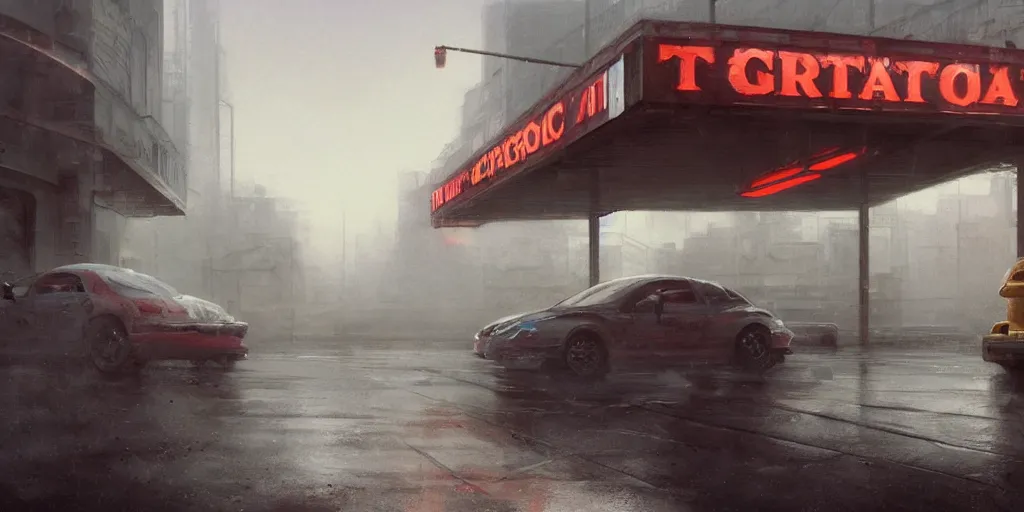 Image similar to a highly detailed epic cinematic concept art CG render digital painting artwork: Tokyo gas station, fog. By Greg Rutkowski, in the style of Francis Bacon and Syd Mead and Norman Rockwell and Beksinski, open ceiling, highly detailed, painted by Francis Bacon and Edward Hopper, painted by James Gilleard, surrealism, airbrush, Ilya Kuvshinov, WLOP, Stanley Artgerm, very coherent, triadic color scheme, art by Takato Yamamoto and James Jean