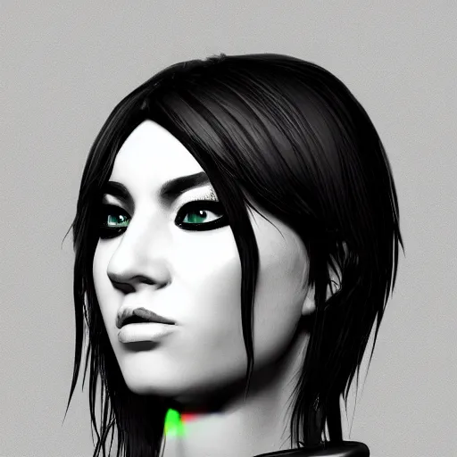 Image similar to headshot of cyberpunk woman wearing thick black choker around neck, detailed face, collar on neck, realistic, artstation, cyberpunk style, neon,