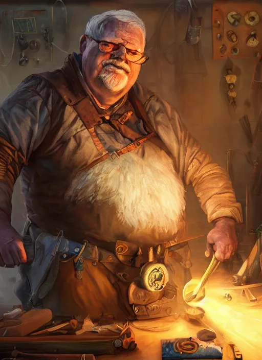 Prompt: An epic fantasy comic book style portrait painting of a an old tinker fat man working on a device in his workshop in the style of the wheel of time, unreal 5, DAZ, hyperrealistic, octane render, cosplay, RPG portrait, dynamic lighting