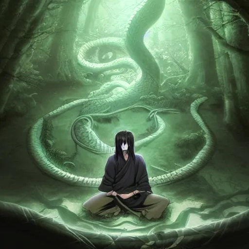 Image similar to kabuto the dragon sage meditates in a dark forest. surrounded by serpents of all sized, orochimaru madaraultra hyper detailed realistic matte painting artstation narutoverse stylized beautiful lighting moody gloomy