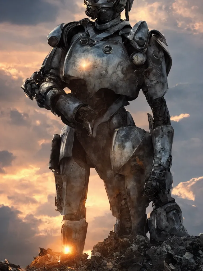 Prompt: emily blunt in futuristic power armor, close up portrait, solitary figure, standing atop a pile of rubble, holding a sword on her shoulder, sunset and huge cumulus clouds behind her