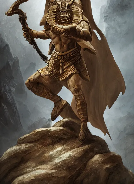 Image similar to caracal limestone soldier. living limestone statue. caracal anubis shroud. epic fantasy egypt caracal limestone man. dnd art menacing, fighter, overpowering, intricate, vsharp focus, ultra detailed, by leesha hannigan, ross tran, thierry doizon, kai carpenter, ignacio fernandez rios