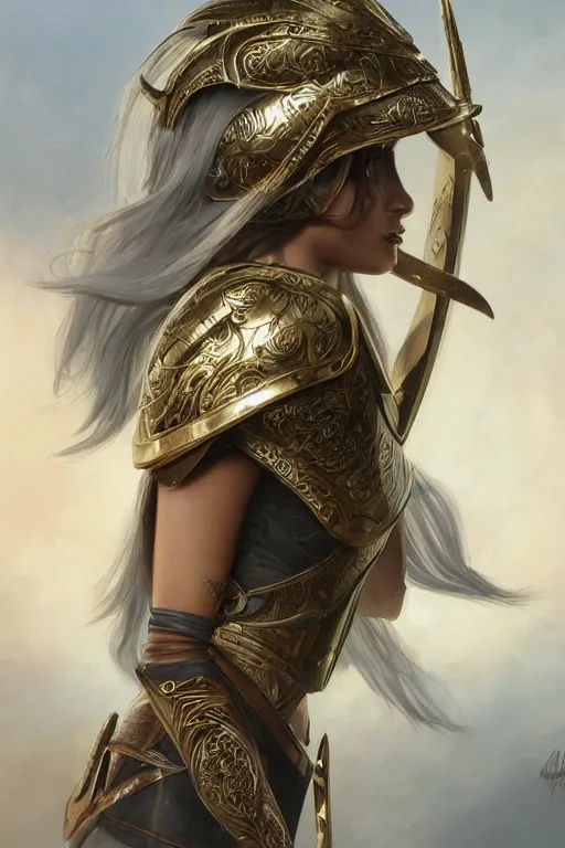 Image similar to attractive young female warrior, ornate metallic helmet, battle armor, olive skin, long dark hair, beautiful bone structure, beautiful face, goddess-like, intricate, elegant, highly detailed, digital painting, artstation, concept art, smooth, sharp focus, illustration, art by artgerm and greg rutkowski and alphonse mucha