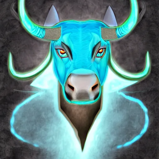 Image similar to well dressed minotaur with blue flaming eyes, digital art