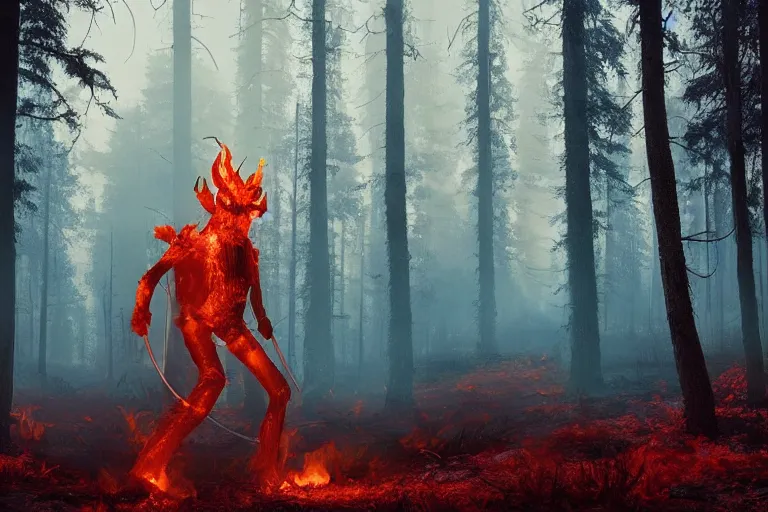 Prompt: fire demon standing in a beautiful swedish forest, highly detailed, hyperrealistic, very sharp focus, intricate, soft lighting, wide shot photograph, digital painting by simon stålenhag