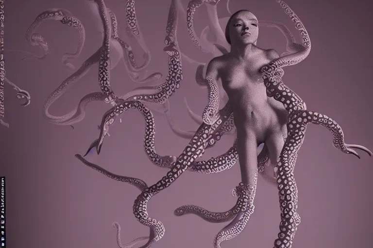 Image similar to a female body with octopus suction cups by yayoi kusama rending on cgsociety, retrofuturism, reimagined by industrial light and magic, darksynth, sci - fi