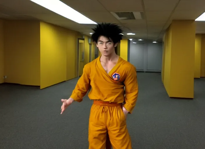 Image similar to low quality photo of real life version of son goku in the backrooms, mono - yellow old moist carpet randomly connected infinite empty office space yellow colors warm light scary