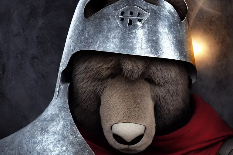 Image similar to a pixar bear as a knight templar, beautiful portrait photo, cinematic, very sharp and detailed, 4k hdr, beautiful background