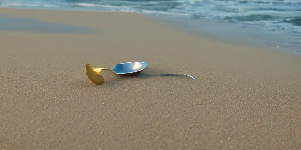 Prompt: A silver spoon on a golden sand beach at sunset