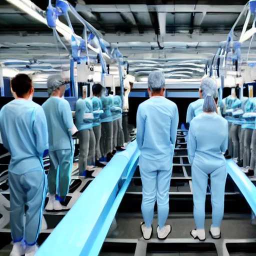 Image similar to troop in formation of athletic humans with light blue neoprene suits and white hair formation on a conveyor belt, futuristic laboratory, sci - fi, highly detailed, hyperrealistic