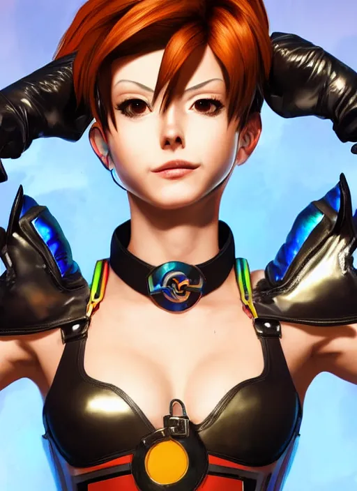 Image similar to portrait bust digital artwork of tracer overwatch, wearing iridescent rainbow latex and leather straps catsuit outfit, makeup, in style of mark arian, angel wings, wearing detailed leather collar, chains, black leather harness, detailed face and eyes,