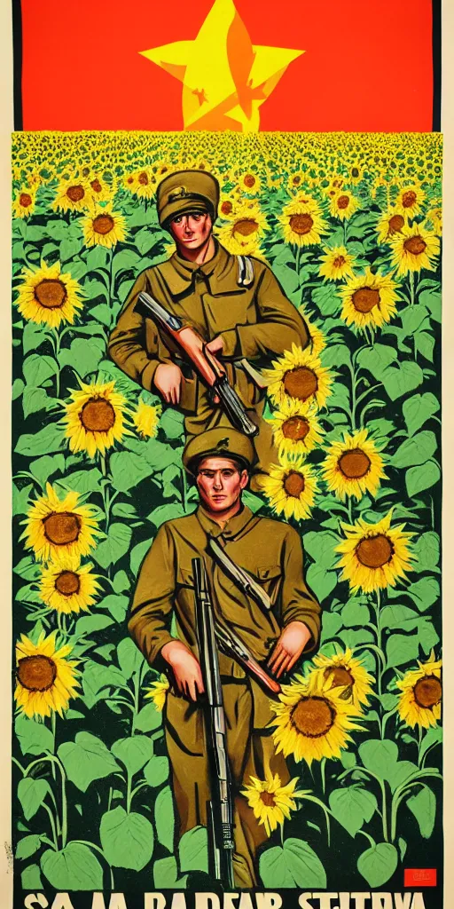 Image similar to Communist Propaganda Poster of a soldier in a sunflower field holding an Steyr AUG.