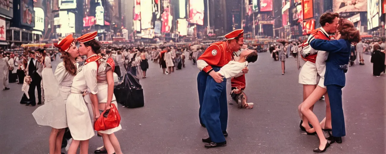 Image similar to alfred eisenstaedt's photograph of spaghetti and an american sailor kissing a woman in times square, 1 9 4 5, canon 5 0 mm, kodachrome, retro