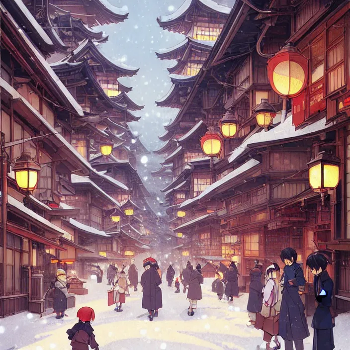 Image similar to japanese big city, winter, in the style of studio ghibli, j. c. leyendecker, greg rutkowski, artem