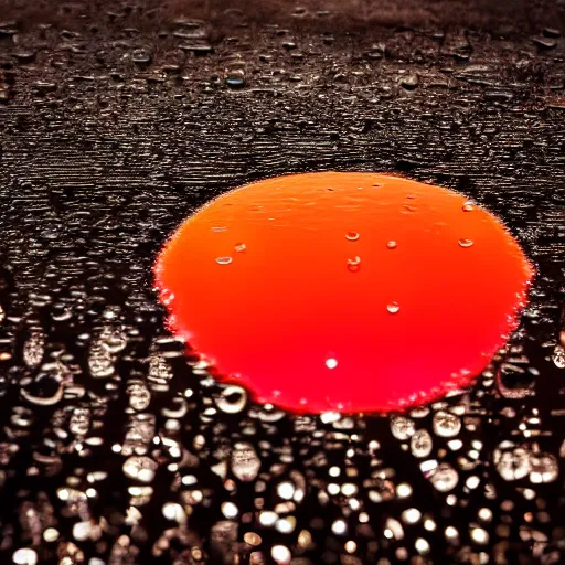 Prompt: a raindrop creating a splash in a puddle which is surrounded by the neon light of a big city, ultrarealistic hd 8k
