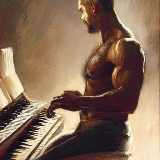 Image similar to a man playing piano, muscular, detailed face, correct face, painting by Gaston Bussiere, Craig Mullins