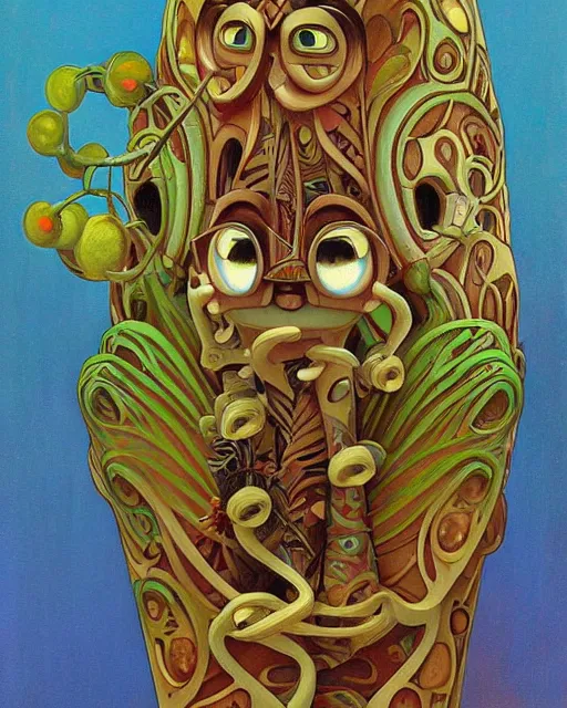 Prompt: a painting of a tribal tiki totem pole, a surrealist painting by Naoto Hattori, alphonse mucha, by RHADSan beeple, trending on deviantart, pop surrealism, lowbrow, grotesque, whimsical